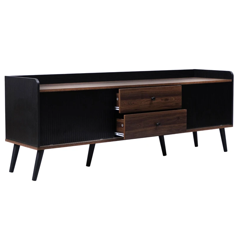 Modern TV Cabinet with 2 Centre Drawers and Striped Sliding Doors, Storage Stand with Raised Top Edge, 160L x 40W x 58H cm, Black+Wood