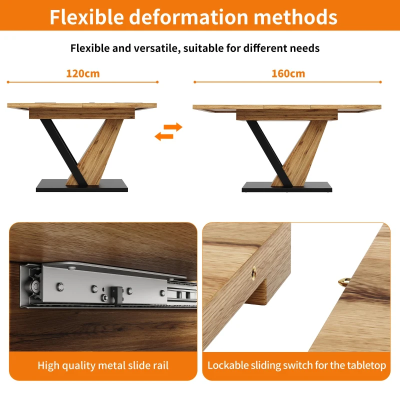4–6 Seats Extendable Dining Table with Smart Telescopic Extension, Kitchen Table with Marbled MDF Top, 120-160L x 75W x 75.5H cm, Natural