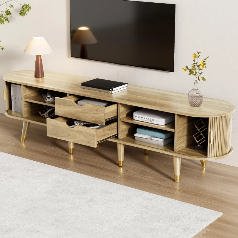 Modern TV Cabinet with Sliding Door, Large Multifunctional Storage, TV Stand with Open Shelves, Drawers, 175L x 38W x 45H cm, Natural