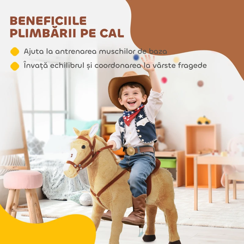 HOMCOM Cal balansoar din pluș pentru copil de la 2 ani, cu efecte sonore, șa și bride 85 cm (lungime) bej