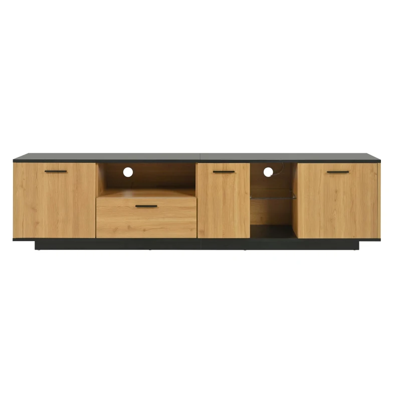 Modern TV Cabinet with 3 Doors, Drawer and 2 Open Glass Compartments, TV Stand with Solid Wooden Legs, 180L x 37W x 45H cm, Black+Wood