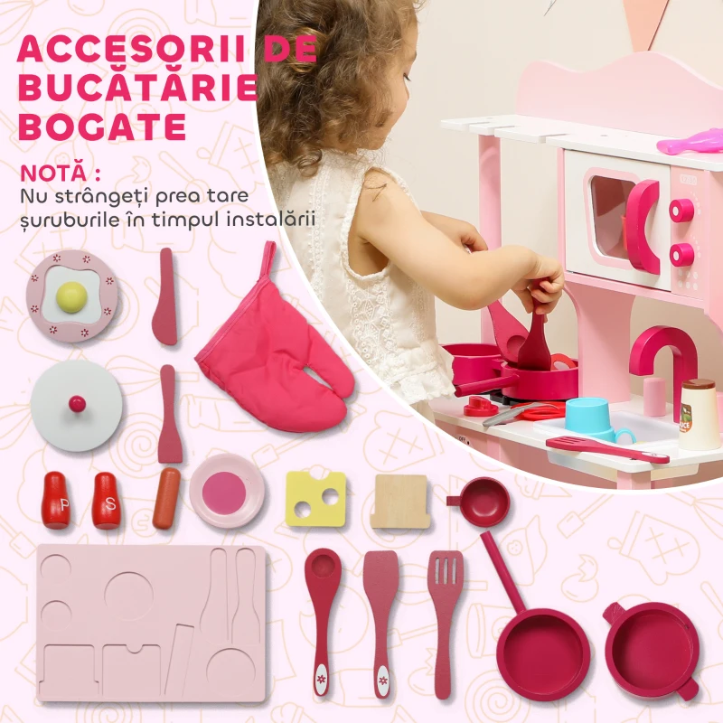 AIYAPLAY Bucătărie de Jucărie pentru Copii 3+ Ani cu Microonde, Plită și Chiuvetă, din Lemn, 55x24x86 cm, Roz