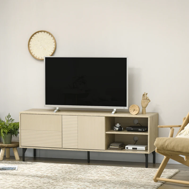 HOMCOM Meuble TV jusqu'à 65 pouces 2 niches 2 passe-câbles et 1 placard 2 portes piètement acier 150 x 40 x 56 cm jaune noir