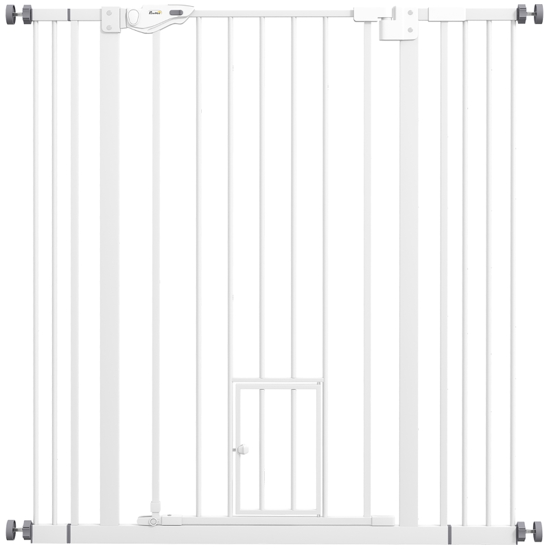 PawHut Hunde-Absperrgitter, doppelte Verriegelung, selbstschließende Tür, 104 cm hoch, Stahl, Weiß