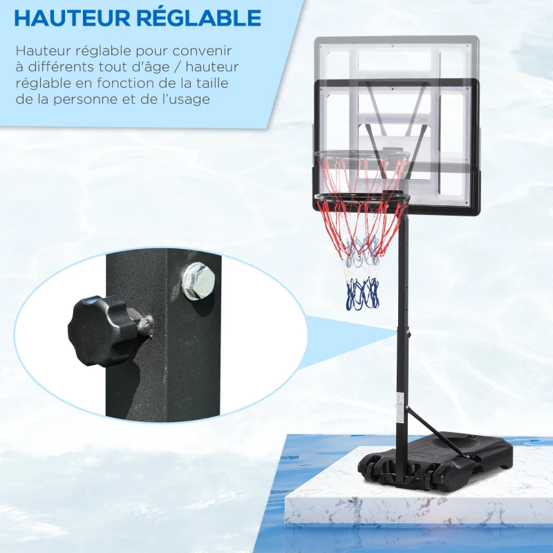 HOMCOM Panier de basket extérieur pour Bord de Piscine Poteau Panneau, Base de lestage sur roulettes Hauteur de l'arceau réglable 1,1-1,3 m Noir Blanc