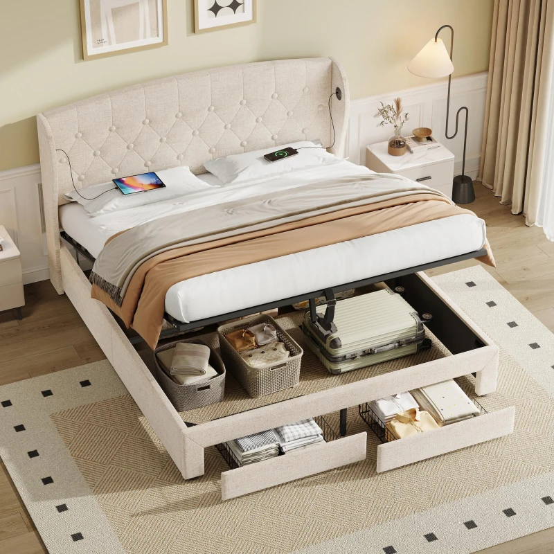 Double Upholstered Ottoman Bed with USB & Type-C Charging Station, Bed Frame with 2 Storage Drawers, 200L x 144W x 116H cm, Beige
