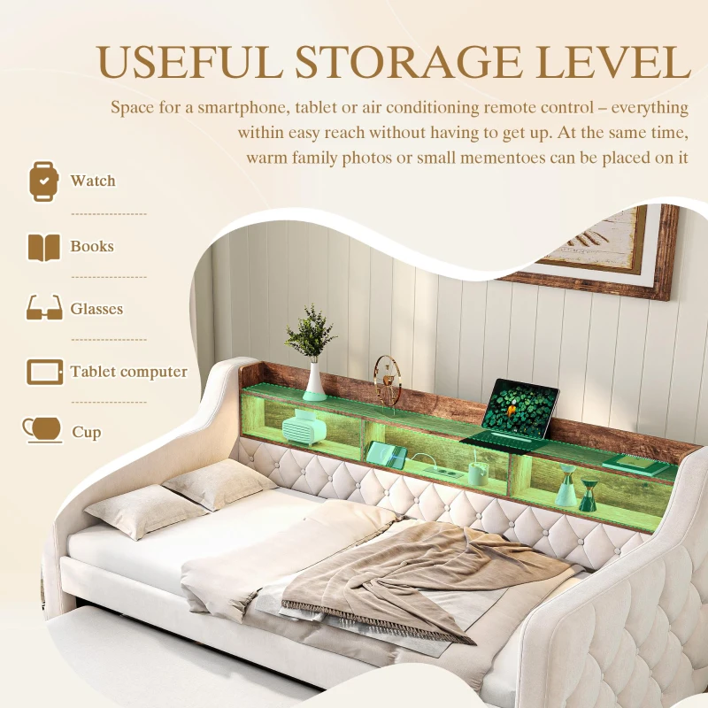 Space-Saving Sofa Bed with Adjustable LED Lighting and USB-C Port, Bed Frame with Built-in Storage Shelf, 201L x 107W x 75H cm, Beige