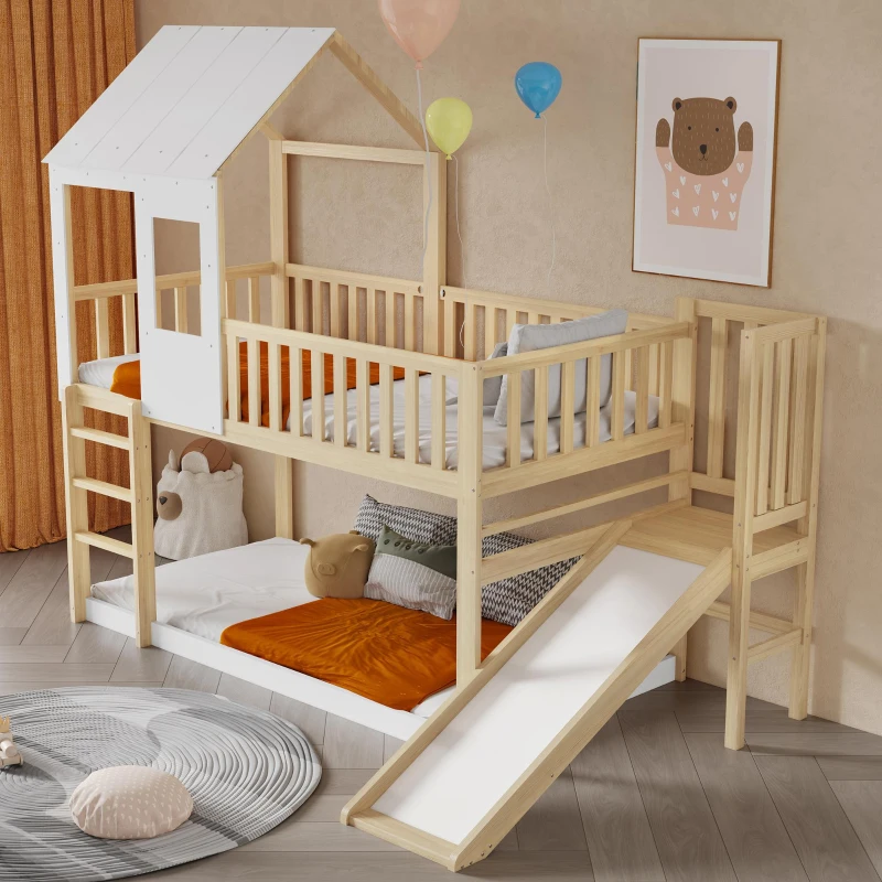 Wooden High Sleeper Bed with Slide and 3‑Step Ladder for Children, Bunk Bed with Playhouse Roof, 240.5L x 137.5W x 221H cm, White+Natural