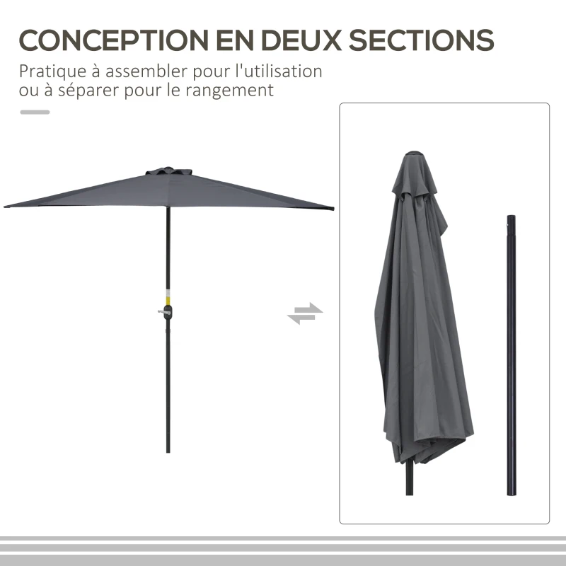 Outsunny Demi parasol parasol de balcon 5 entretoises métal cheminée incluse 2,93 x 1,5 x 2,49 m polyester haute densité gris
