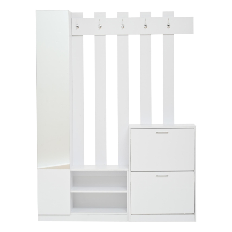 5‑in‑1 Space-Saving Entryway Storage with Coat Hooks, Hall Tree Coat Rack with Shoe Bench, Full-Length Mirror, 135L x 25W x 180H cm, White