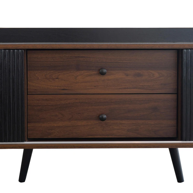 Modern TV Cabinet with 2 Centre Drawers and Striped Sliding Doors, Storage Stand with Raised Top Edge, 160L x 40W x 58H cm, Black+Wood