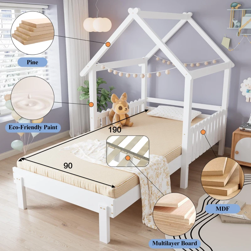 3ft Single Wooden Bed with Pull-Out Trundle and Sturdy Plywood Slats, Versatile Bed Frame for Bedrooms, 197L x 107.5W x 139H cm, White