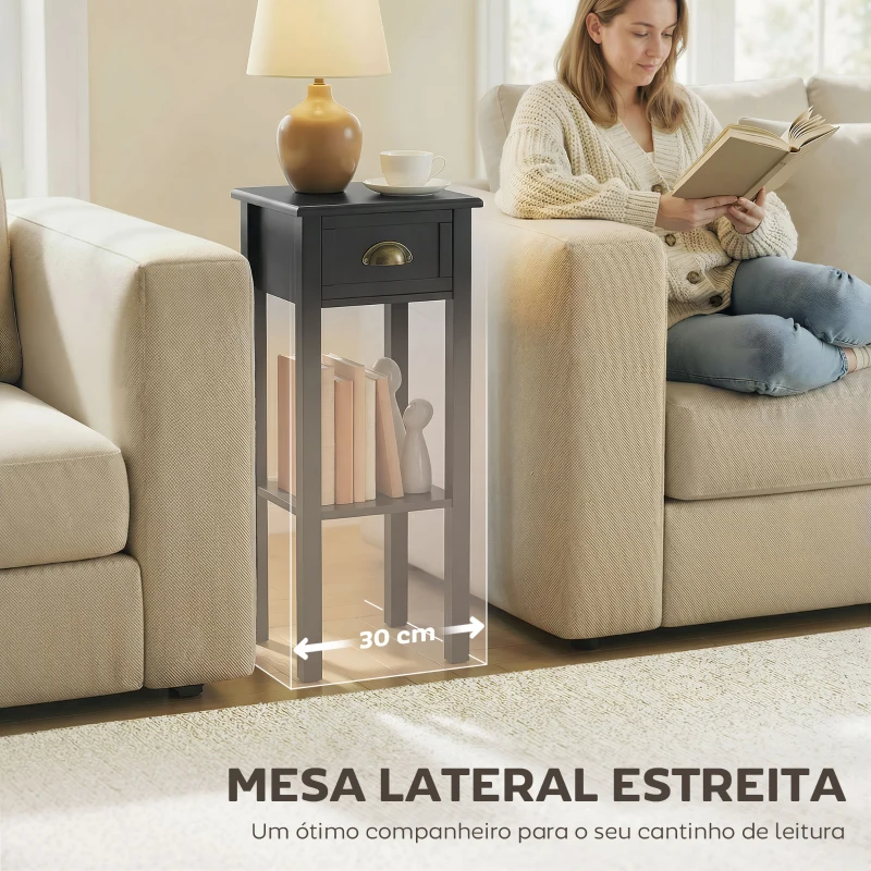 HOMCOM Mesa de Apoio com Gaveta e Prateleira de Armazenamento Estilo Moderno 30x30x75 cm Preto