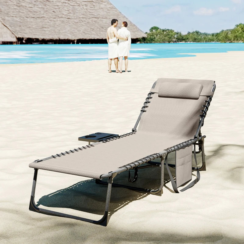 Outsunny Bain de soleil pliante dossier réglable sur 5 niveaux, plateau, appuie-tête, poche latérale 60x190x31cm, crème