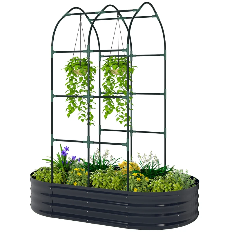 Outsunny Pat înălțat cu spalier, jardiniere metalice cu mănuși cutie de grădină 160 x 90 x 180 cm, Gri închis