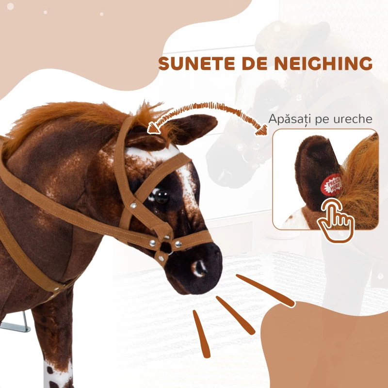 HOMCOM Cal Balansoar pentru Copii de 2+ Ani cu Sunet Realistic de Nechezat, Șa și Etriere, Jucărie din Pluș și Metal, 85x28x60 cm, Maro