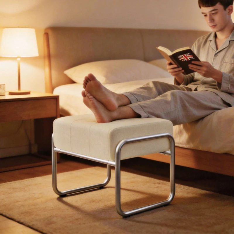 HOMCOM Taburet pentru picioare Taburet tapițat Pernă groasă cu material chenille, picioare din oțel pentru dormitor, Bej