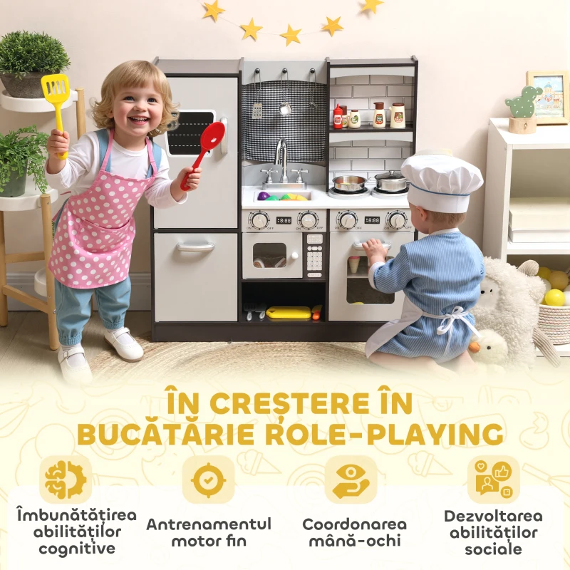 AIYAPLAY Bucătărie de Jucărie pentru Copii 3-8 Ani din Lemn cu Accesorii, Frigider, Chiuvetă și Buton cu Sunete, Maro