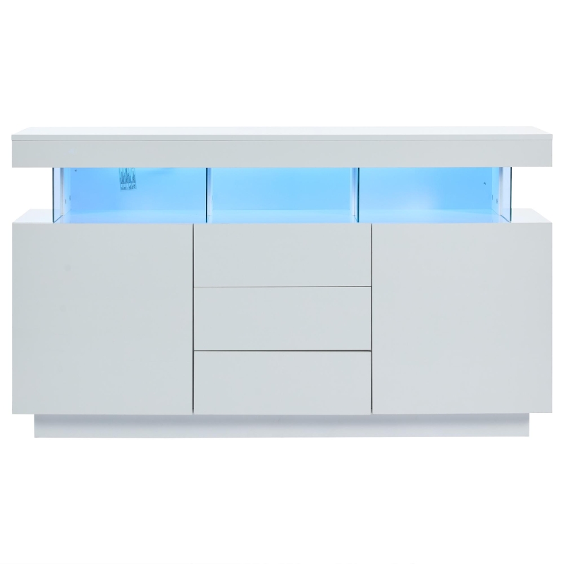 High-gloss Storage Cabinet with App-Controlled LED Lighting, Locker with Adjustable Shelves and Soft-close Drawers, 140L x 35W x 80H cm, White