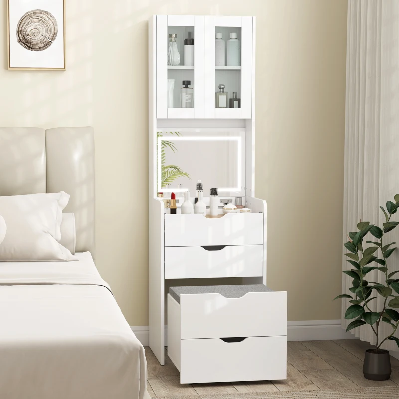 HOMCOM Toeletta Trucco con Specchio Illuminato e Sgabello, Luce Regolabile, Cassetti e Armadietto, Bianco