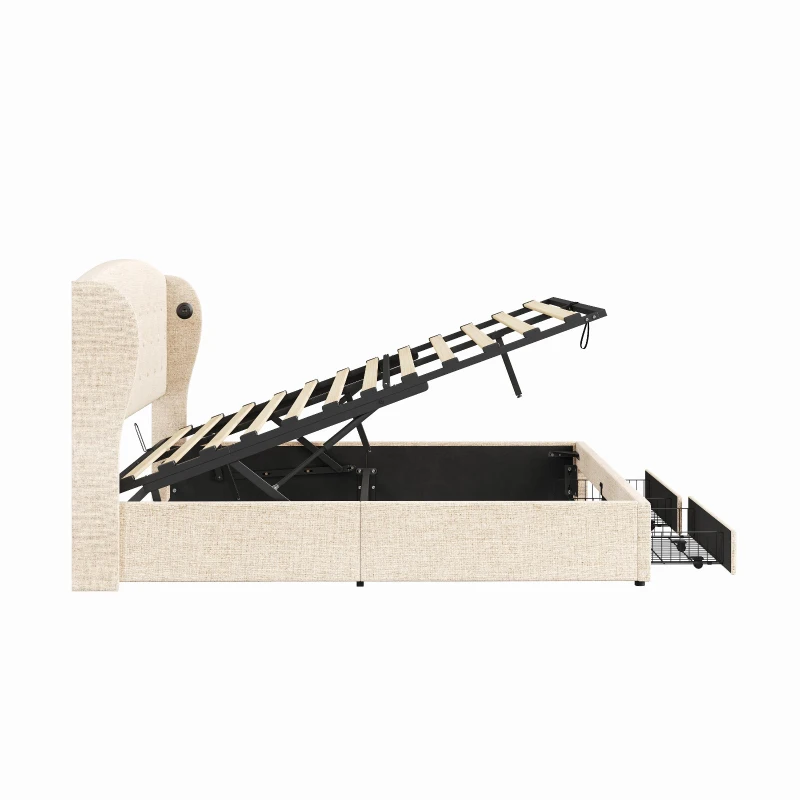 Double Upholstered Ottoman Bed with USB & Type-C Charging Station, Bed Frame with 2 Storage Drawers, 200L x 144W x 116H cm, Beige