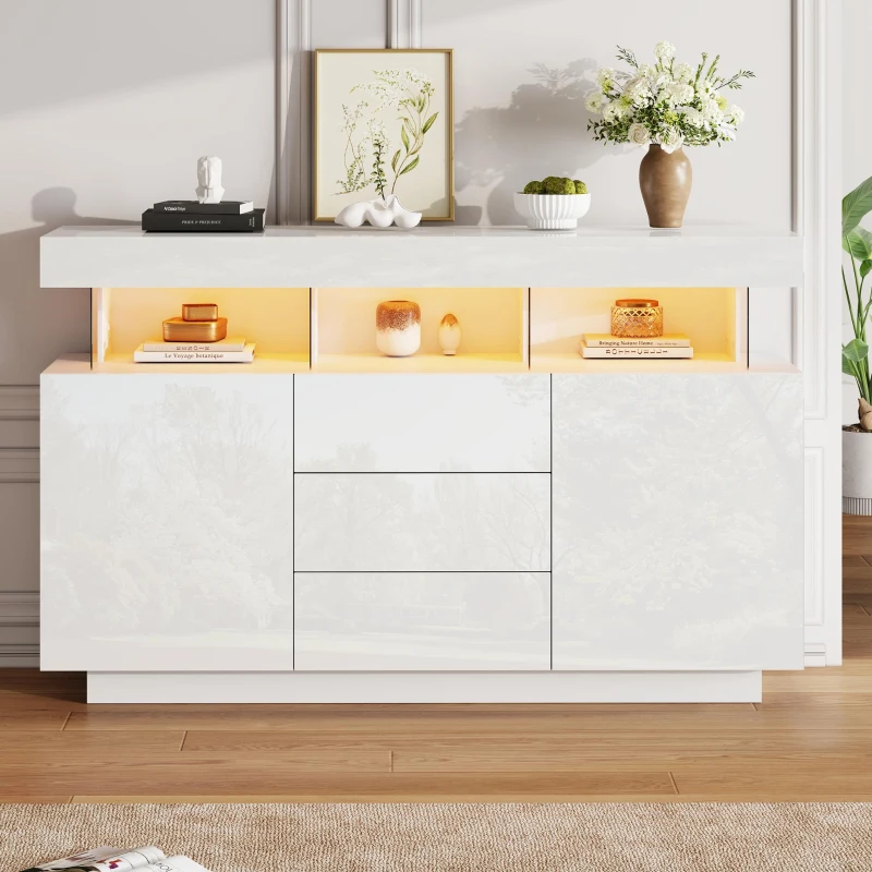 High-gloss Storage Cabinet with App-Controlled LED Lighting, Locker with Adjustable Shelves and Soft-close Drawers, 140L x 35W x 80H cm, White