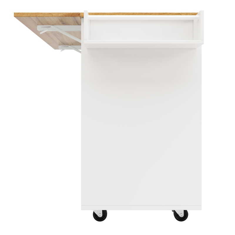Modern Kitchen Island and Serving Trolley with Castors, Extendable Fold‑Out Dining Table with Side Shelves, 137.5L x 40-65W x 95.5H cm, White