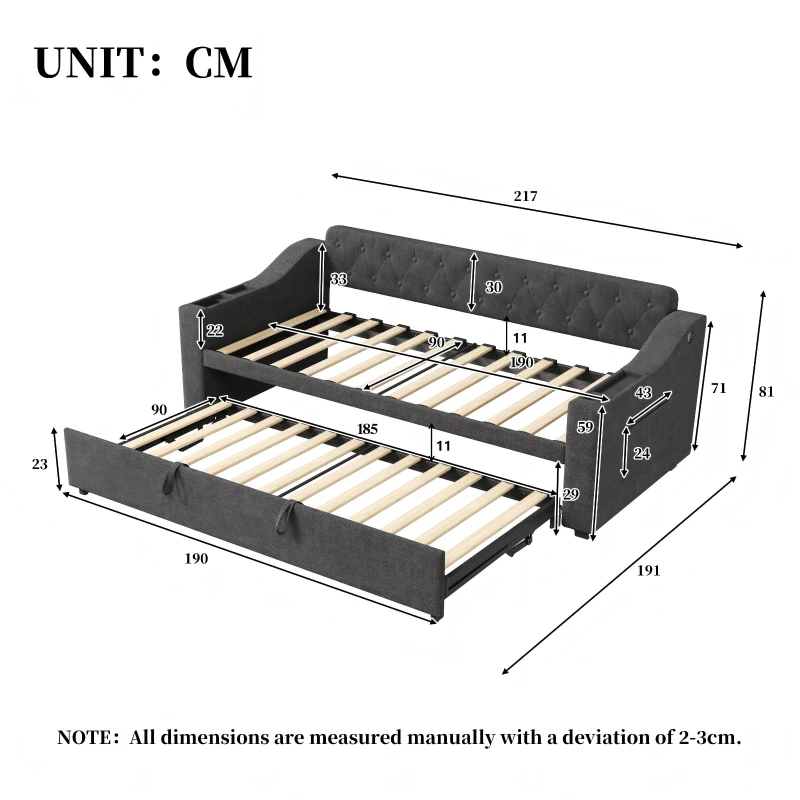 3-in-1 Upholstered Sofa Daybed with USB and Type-C Charging Station, Bed Frame with Built-In Armrest Storage, 217L x 191W x 81H cm, Grey
