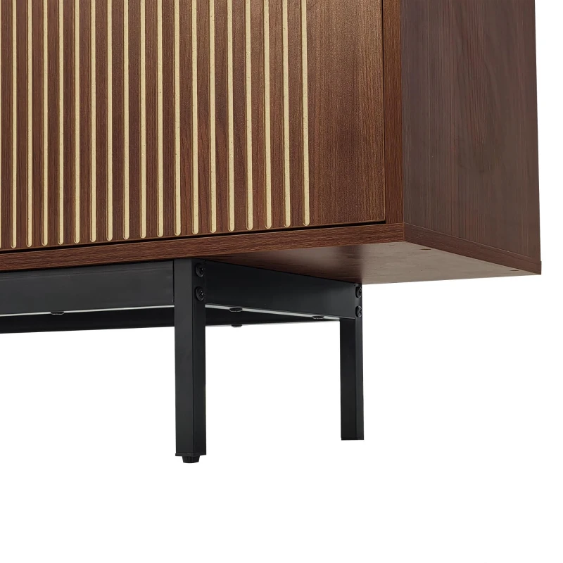 Modern TV Cabinet Lowboard with Carved Texture and Tempered Glass Doors, MDF and Particle Stand with Metal Frame, 200L x 35W x 53H cm, Wood