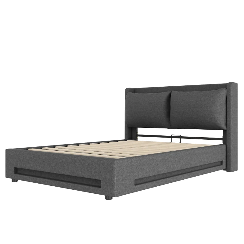 Modern Upholstered Bed with Dual USB‑C Ports and LED Lighting, Bed Frame with Hydraulic Lift Storage, 152.5L x 210W x 114H cm, Dark Gray