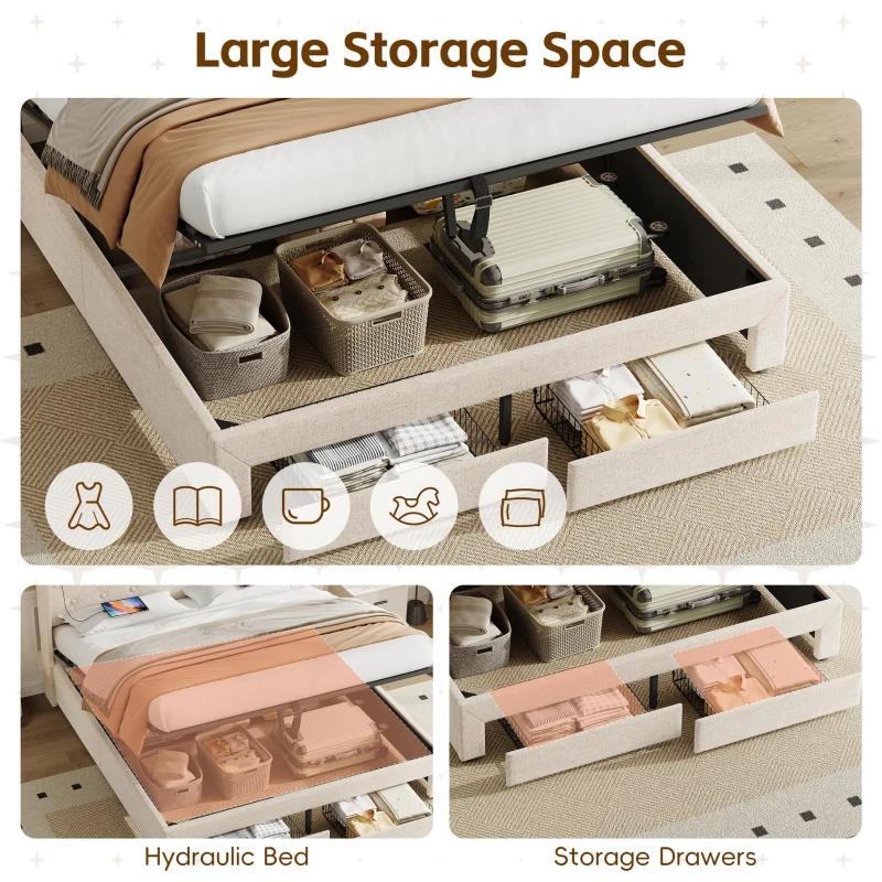 Double Upholstered Ottoman Bed with USB & Type-C Charging Station, Bed Frame with 2 Storage Drawers, 200L x 144W x 116H cm, Beige