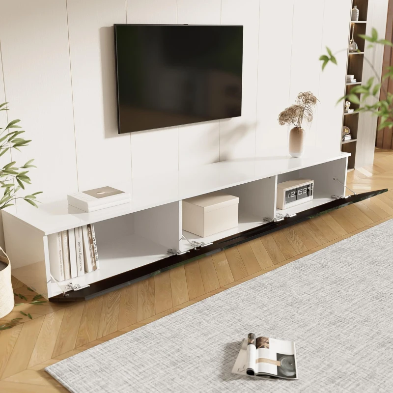 Modern TV Cabinet with 3-Door Storage and Soft-close Hinges, Stand with APP-controlled LED Lighting, 180L x 35W x 30H cm, Black+White