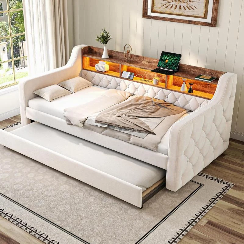 Space-Saving Sofa Bed with Adjustable LED Lighting and USB-C Port, Bed Frame with Built-in Storage Shelf, 201L x 107W x 75H cm, Beige