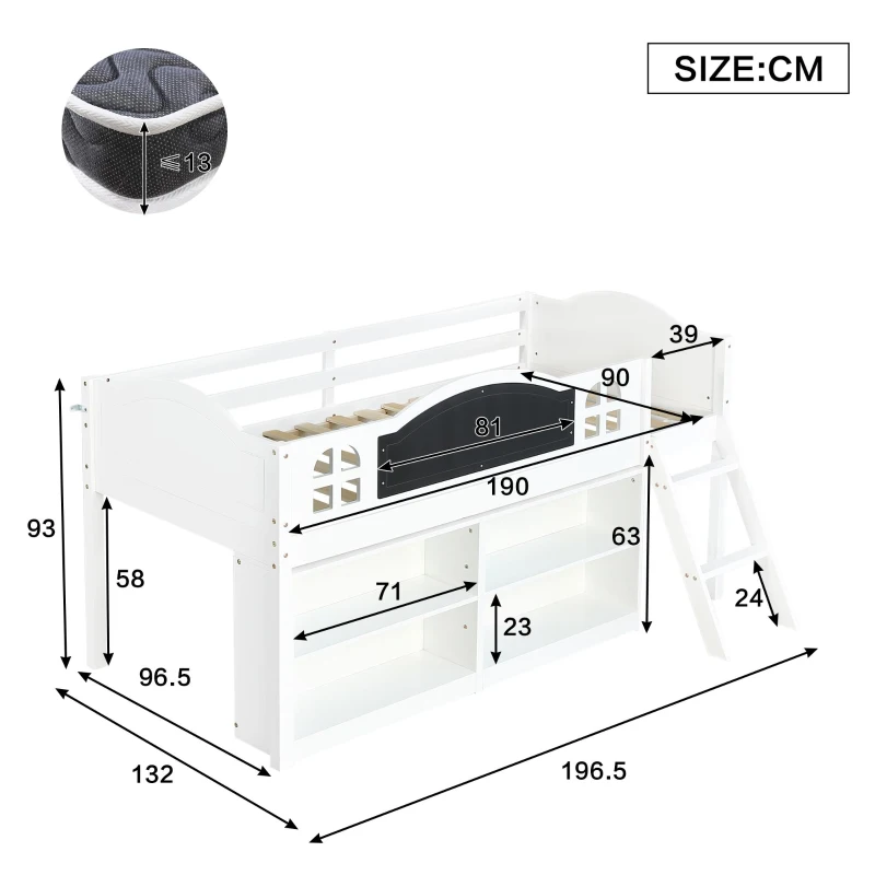 3ft Single Storage Bed with Built-in Blackboard for Drawing, High Sleeper Bed with 2-Step Inclined Staircase, 196.5L x 132W x 96H cm, White+Black