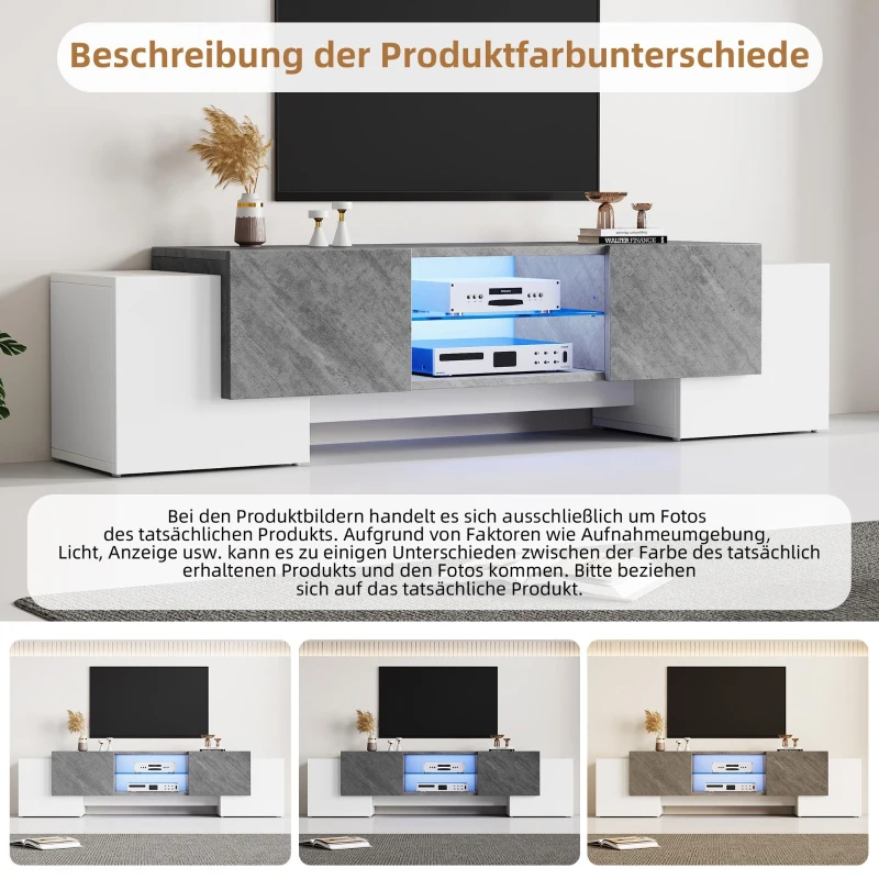 Modern TV Cabinet with App-Controlled LED Lighting, Media Cabinet with 4 Doors and 2 Open Shelves, 180L x 40W x 46.5H cm, Grey+White
