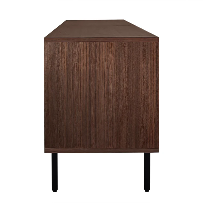 Modern TV Cabinet Lowboard with Carved Texture and Tempered Glass Doors, MDF and Particle Stand with Metal Frame, 200L x 35W x 53H cm, Wood