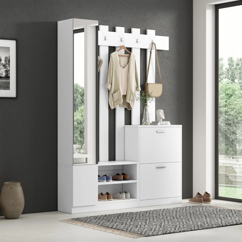 5‑in‑1 Space-Saving Entryway Storage with Coat Hooks, Hall Tree Coat Rack with Shoe Bench, Full-Length Mirror, 135L x 25W x 180H cm, White