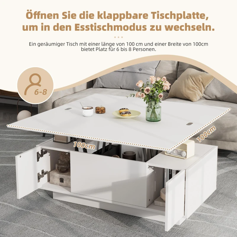 Lift-Up Coffee Table With 2 Doors, 2 Liftable Tops, 2 Cabinets, Particleboard Centre Desk With Hidden Storage, 100L x 50W x 55.5H cm, White