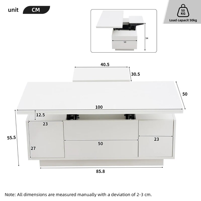 Lift-Up Coffee Table With 2 Doors, 2 Liftable Tops, 2 Cabinets, Particleboard Centre Desk With Hidden Storage, 100L x 50W x 55.5H cm, White