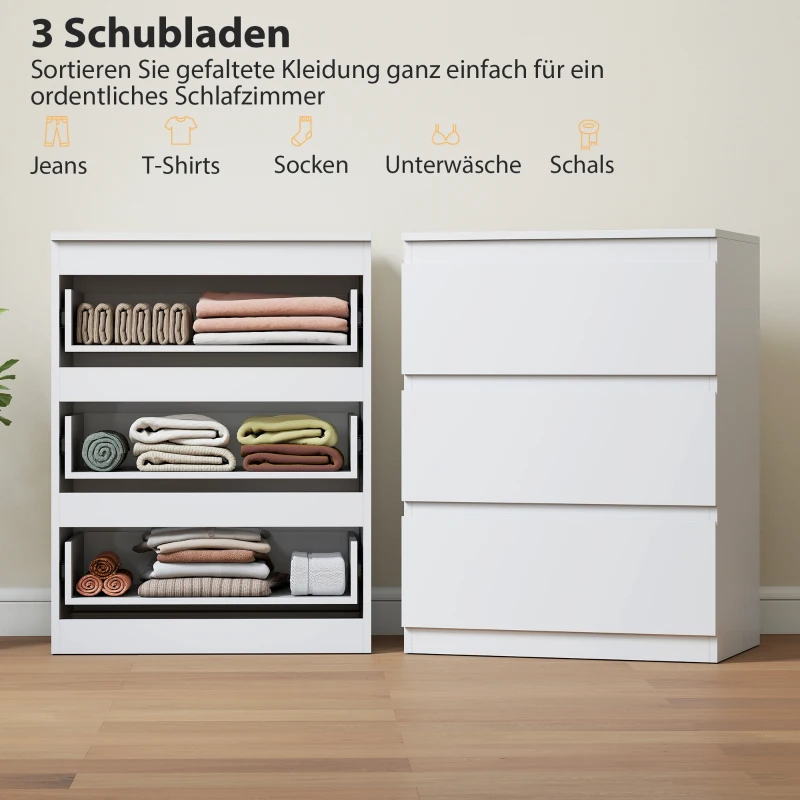 HOMCOM Kommode mit 3 Schubladen, für Wohnzimmer, Schlafzimmer, Flur, Spanplatte, Weiß