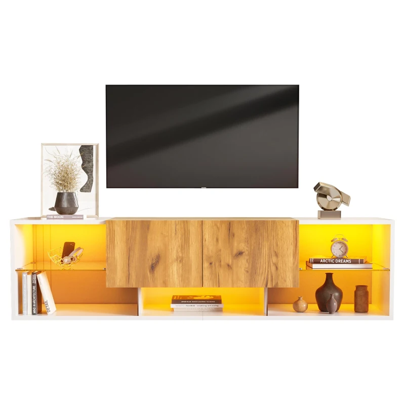 Modern TV Stand with 2 Drawers and 5 Open Compartments, TV Cabinet with App-controlled LED Lights, 160L x 40W x 42H cm, White+Wood