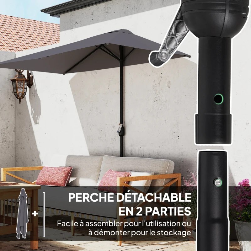 Outsunny Demi-parasol Ø 230 cm Parasol de balcon terrasse avec manivelle Protection solaire UV Polyester, gris