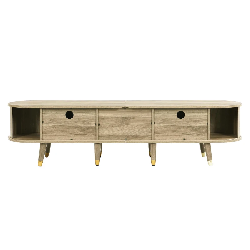 Modern TV Cabinet with Sliding Door, Large Multifunctional Storage, TV Stand with Open Shelves, Drawers, 175L x 38W x 45H cm, Natural