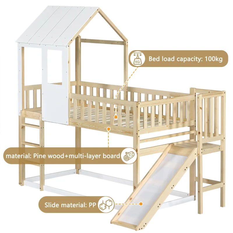 Wooden High Sleeper Bed with Slide and 3‑Step Ladder for Children, Bunk Bed with Playhouse Roof, 240.5L x 137.5W x 221H cm, White+Natural