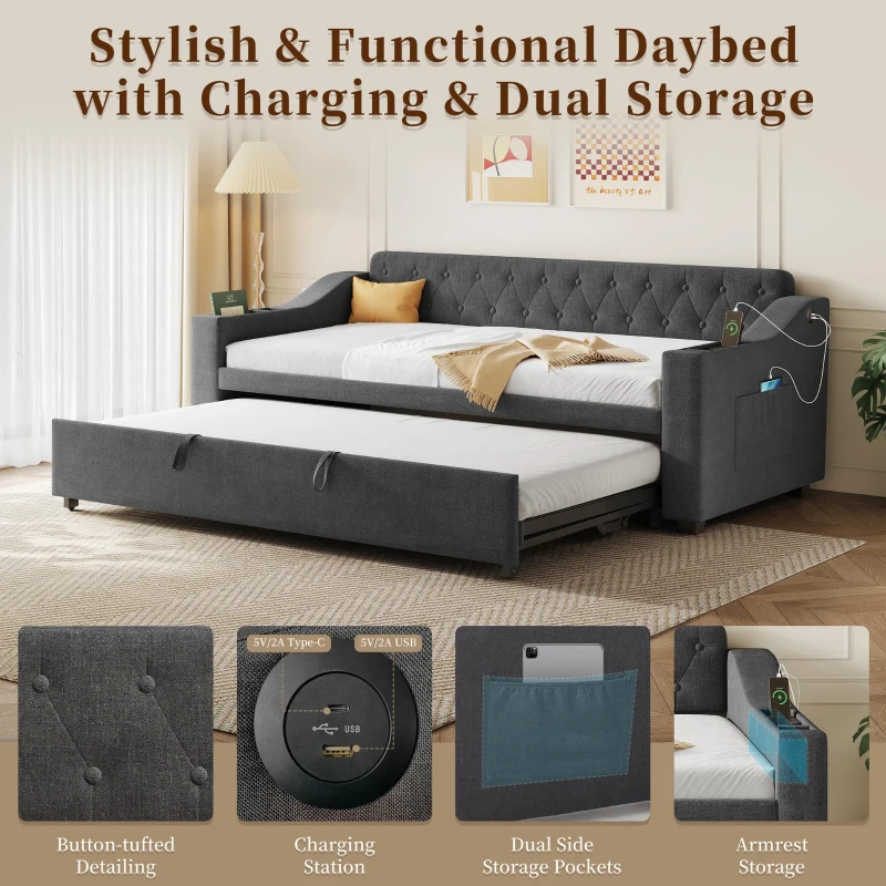 3-in-1 Upholstered Sofa Daybed with USB and Type-C Charging Station, Bed Frame with Built-In Armrest Storage, 217L x 191W x 81H cm, Grey