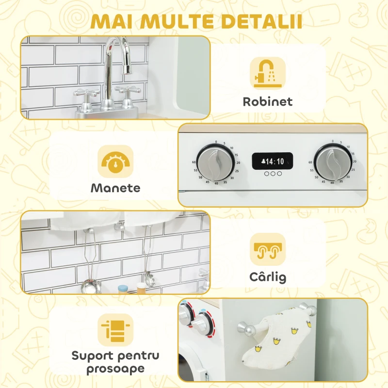 AIYAPLAY Bucătărie de Jucărie pentru Copii 3-6 Ani din Lemn cu Set de Accesorii, Chiuvetă și Butoane cu Sunete, Alb