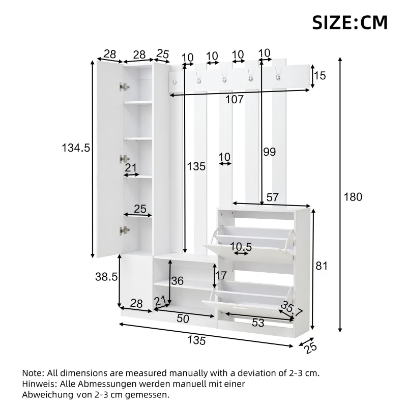 5‑in‑1 Space-Saving Entryway Storage with Coat Hooks, Hall Tree Coat Rack with Shoe Bench, Full-Length Mirror, 135L x 25W x 180H cm, White