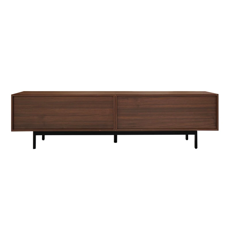 Modern TV Cabinet Lowboard with Carved Texture and Tempered Glass Doors, MDF and Particle Stand with Metal Frame, 200L x 35W x 53H cm, Wood