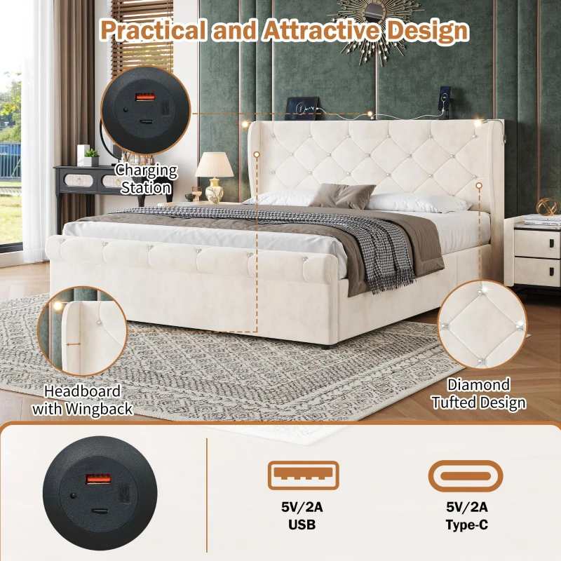 4ft6 Double Upholstered Bed with Built-in Type‑C & USB Charging, Bed Frame with Adjustable LED Reading Lights, 214L x 145W x 102H cm, Beige