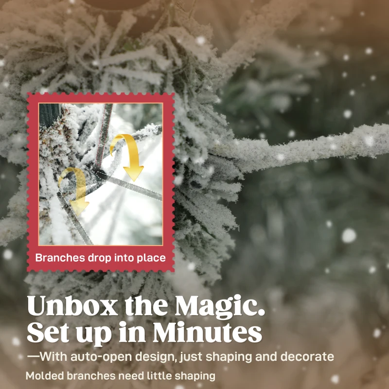 HOMCOM Brad de Crăciun Înzăpezit, cu Bază Metalică Pliabilă, 210cm